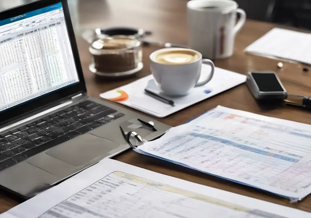 Laptop displaying financial data, coffee cup, and property documents on a wooden table.