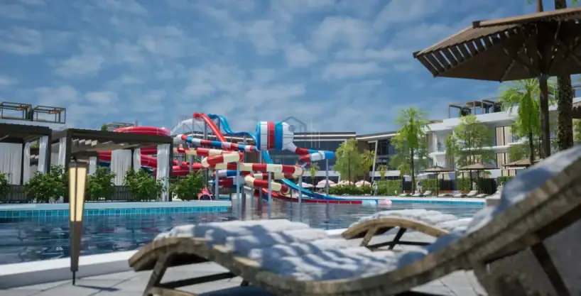 Relaxing pool area at Holidays Park Resort with water slides and sun loungers. Perfect for family fu.