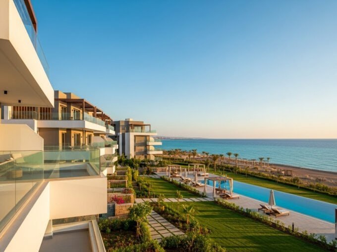 Modern beachfront apartments with sea views and spacious balconies.