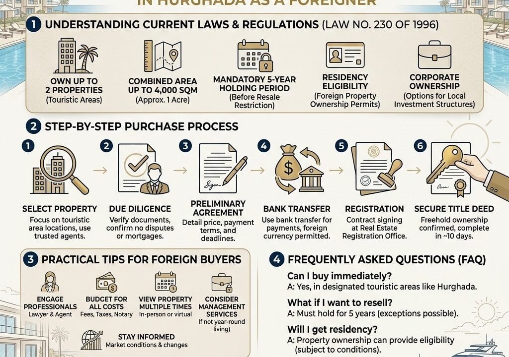 Apartment purchase process in Hurghada, Egypt, including legal steps and regulations.