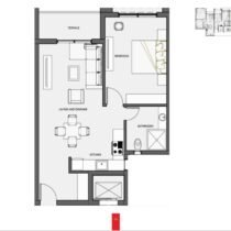 Spacious one-bedroom apartment with a balcony and contemporary furnishings.