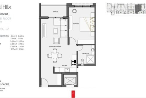 Spacious one-bedroom apartment with a balcony and contemporary furnishings.