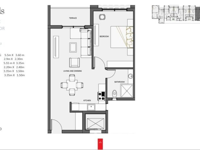 Spacious one-bedroom apartment with a balcony and contemporary furnishings.