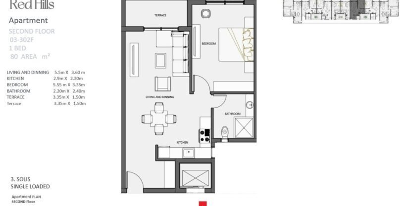 Spacious one-bedroom apartment with a balcony and contemporary furnishings.