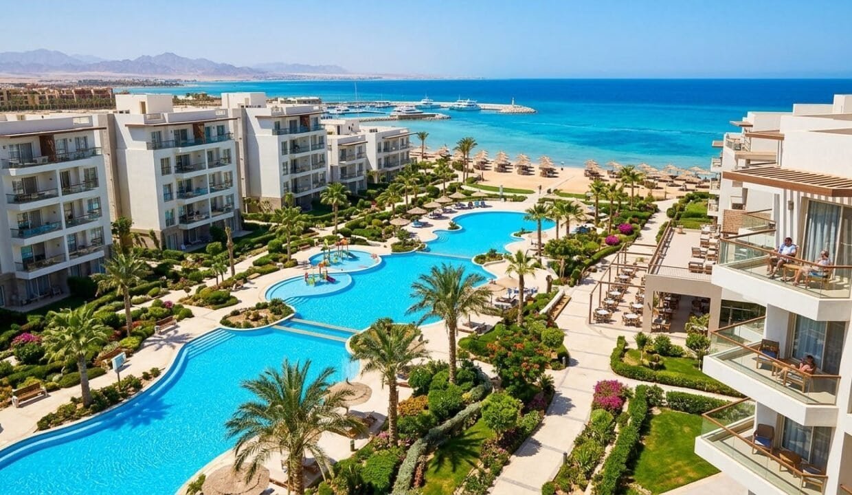 Pool area with sun loungers and palm trees overlooking the Red Sea.