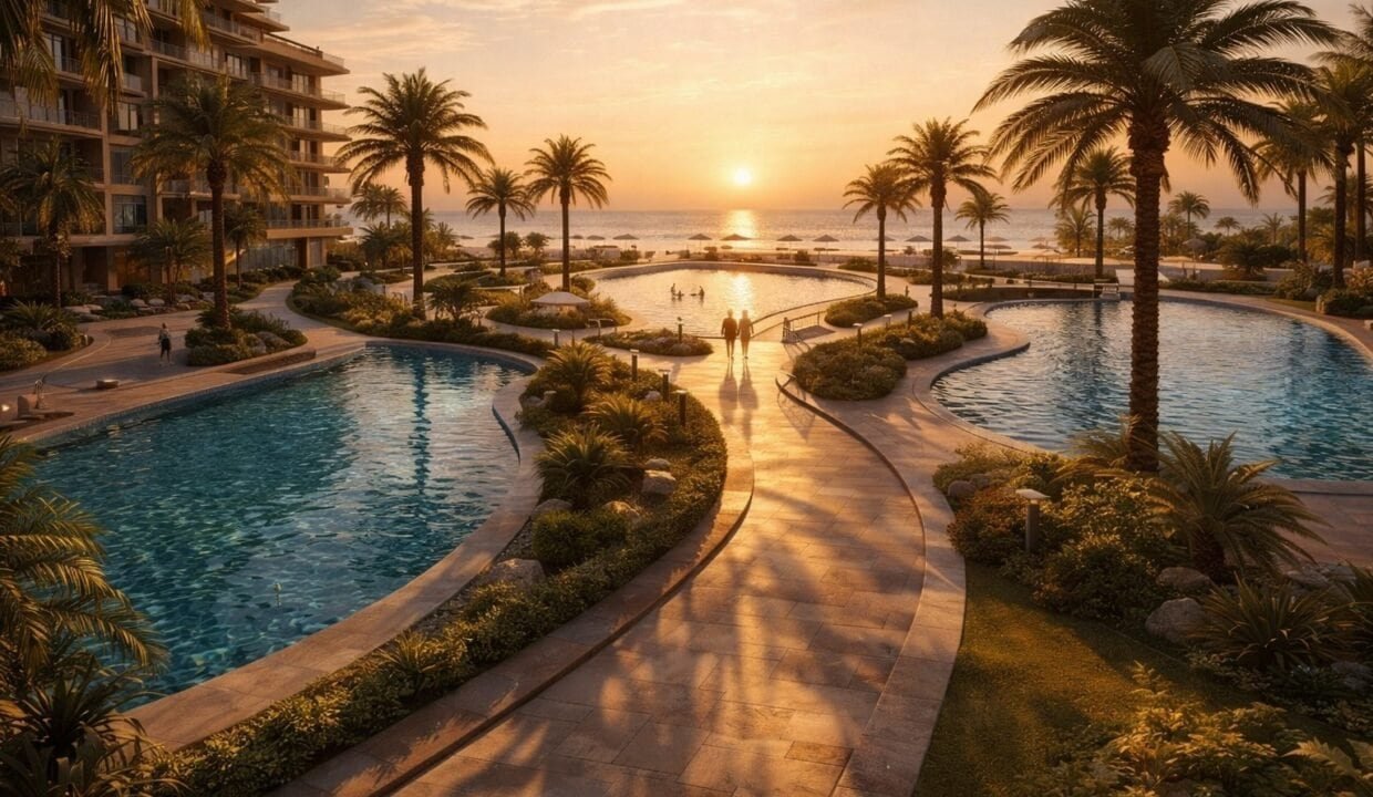 Luxurious resort pools with palm trees at sunset in Hurghada.