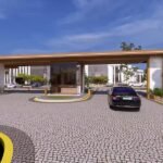 AL Mouj Resort Magawish - grand entrance gate with palm-lined driveway and security pavilion