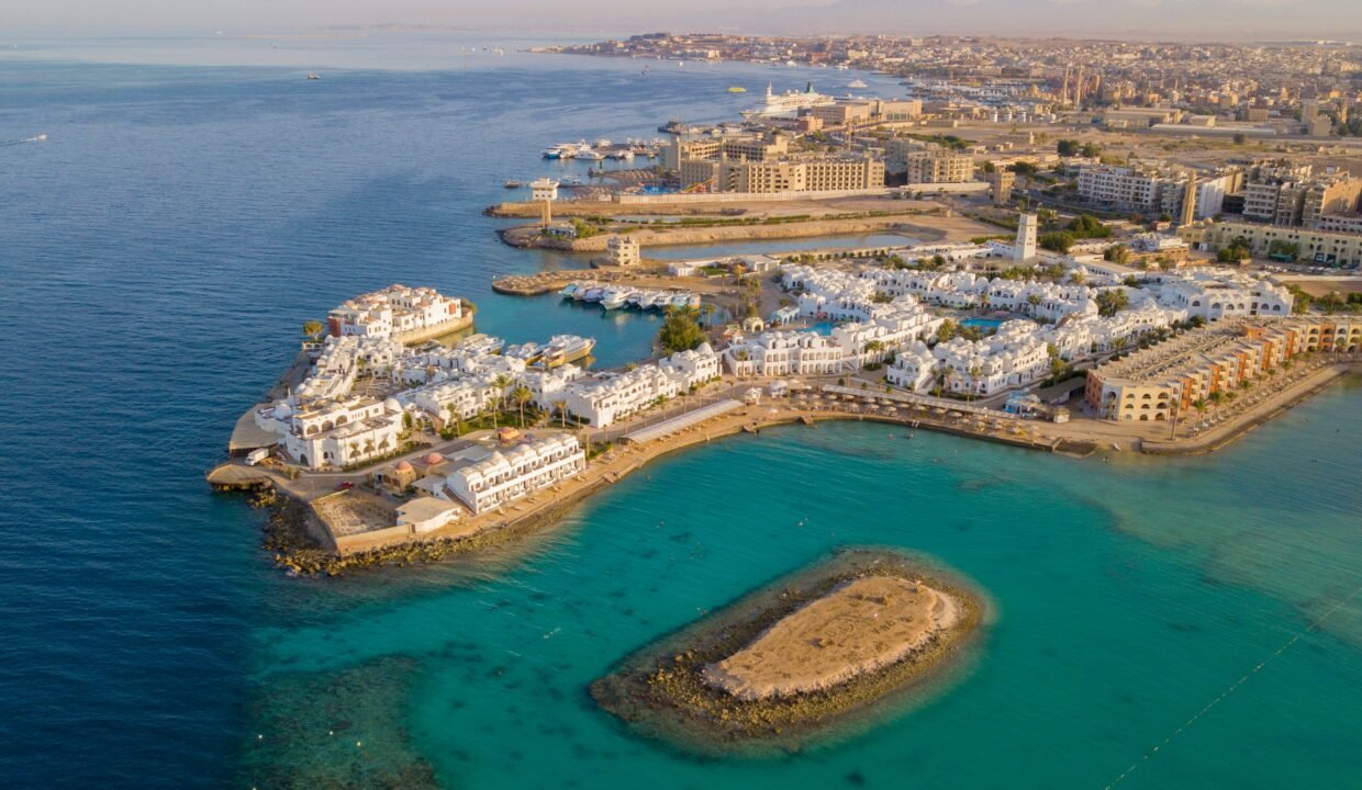 Drone aerial view of Hurghada Red Sea coast Egypt