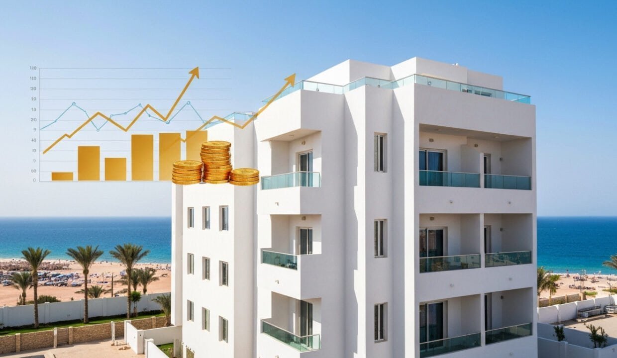 Modern beachfront apartment building in Hurghada with sea views and resort amenities.