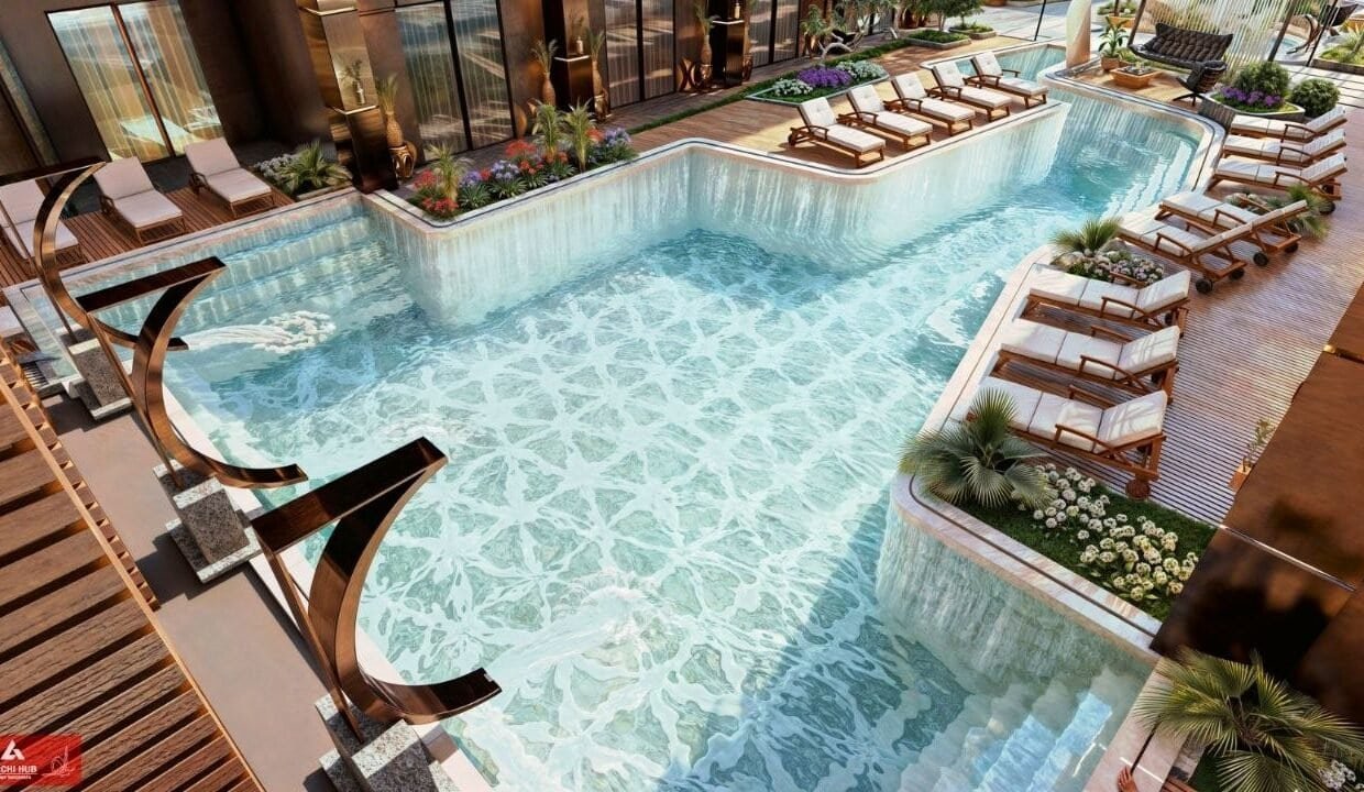 Luxury hotel pool with sun loungers and sea view in Hurghada.