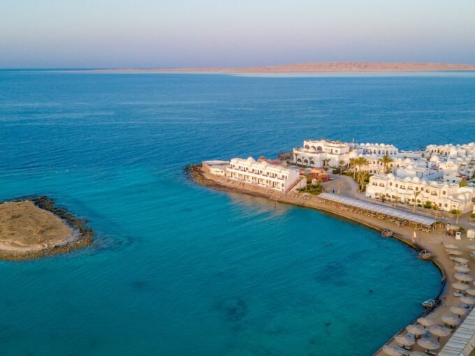 Aerial drone view of Hurghada Red Sea resort coastline