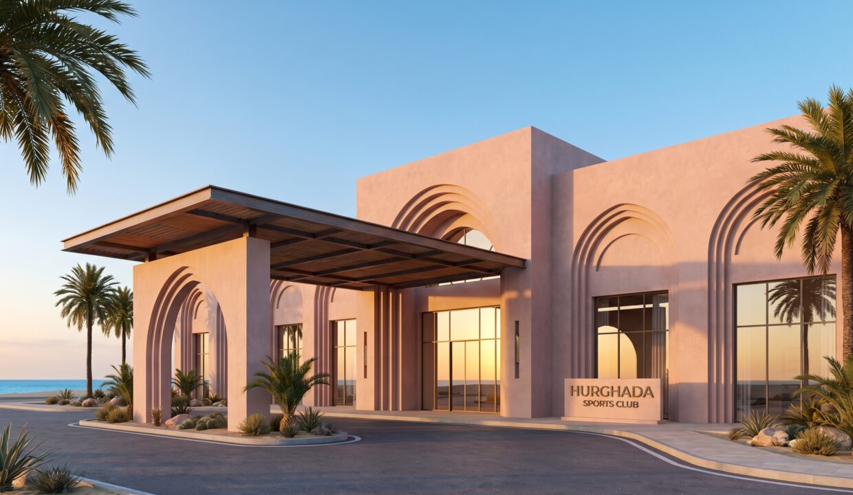 Hurghada Sports Club Al Noor branch - Modern multi-sport club entrance with Mediterranean arches
