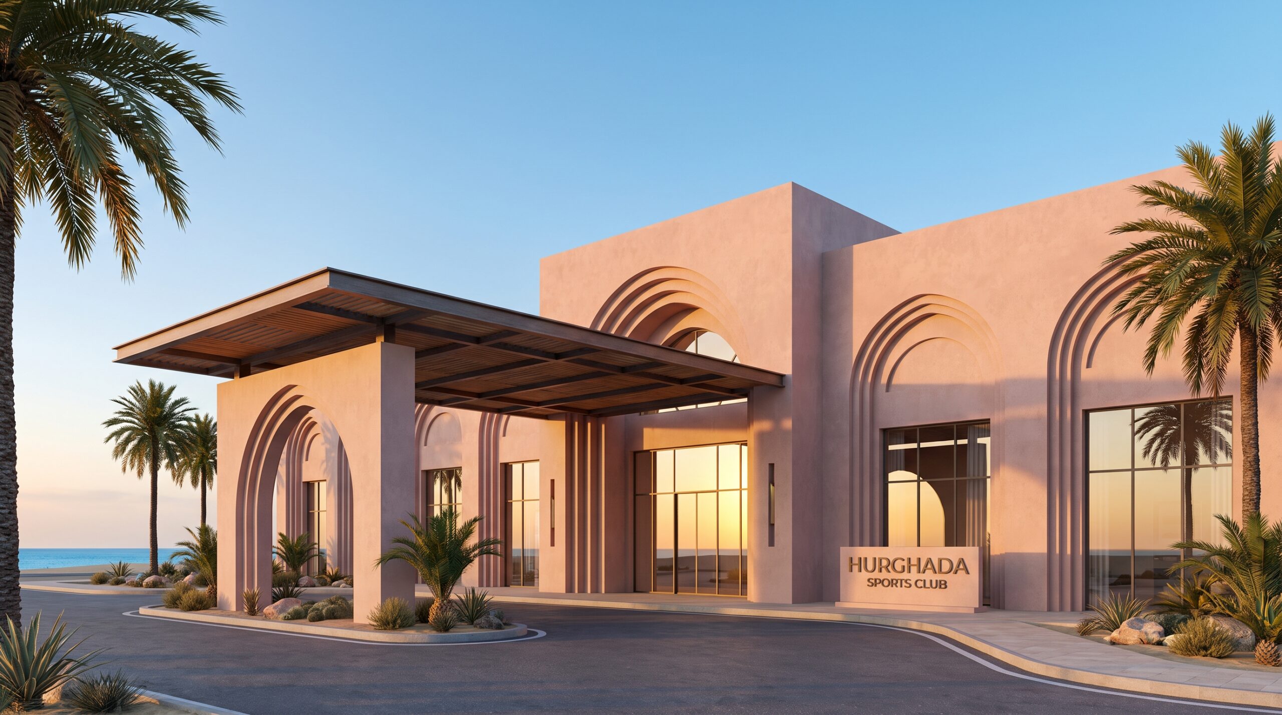 Hurghada Sports Club Al Noor branch - Modern multi-sport club entrance with Mediterranean arches