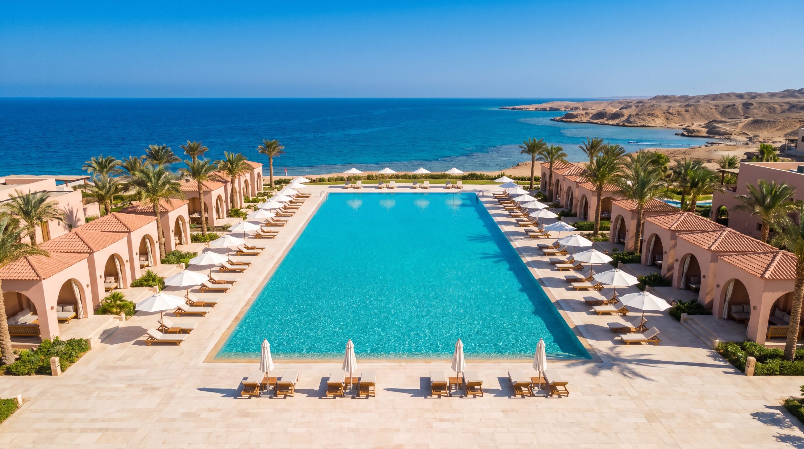 Hurghada Sports Club Al Noor branch - Aerial view of the Olympic swimming pool and cabanas