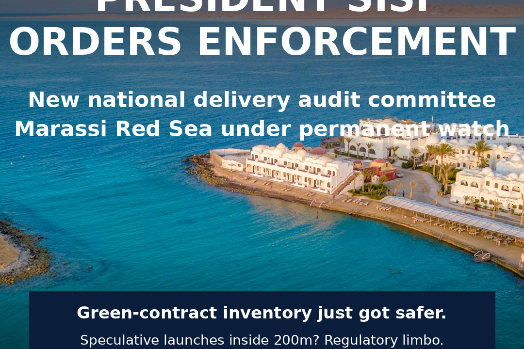 Red Sea coastline aerial shot with President Sisi enforcement headline about the 200m coastal building buffer.