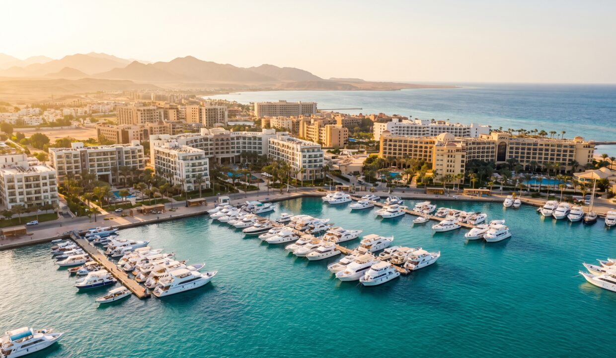Aerial view of Hurghada, Red Sea coast at golden hour