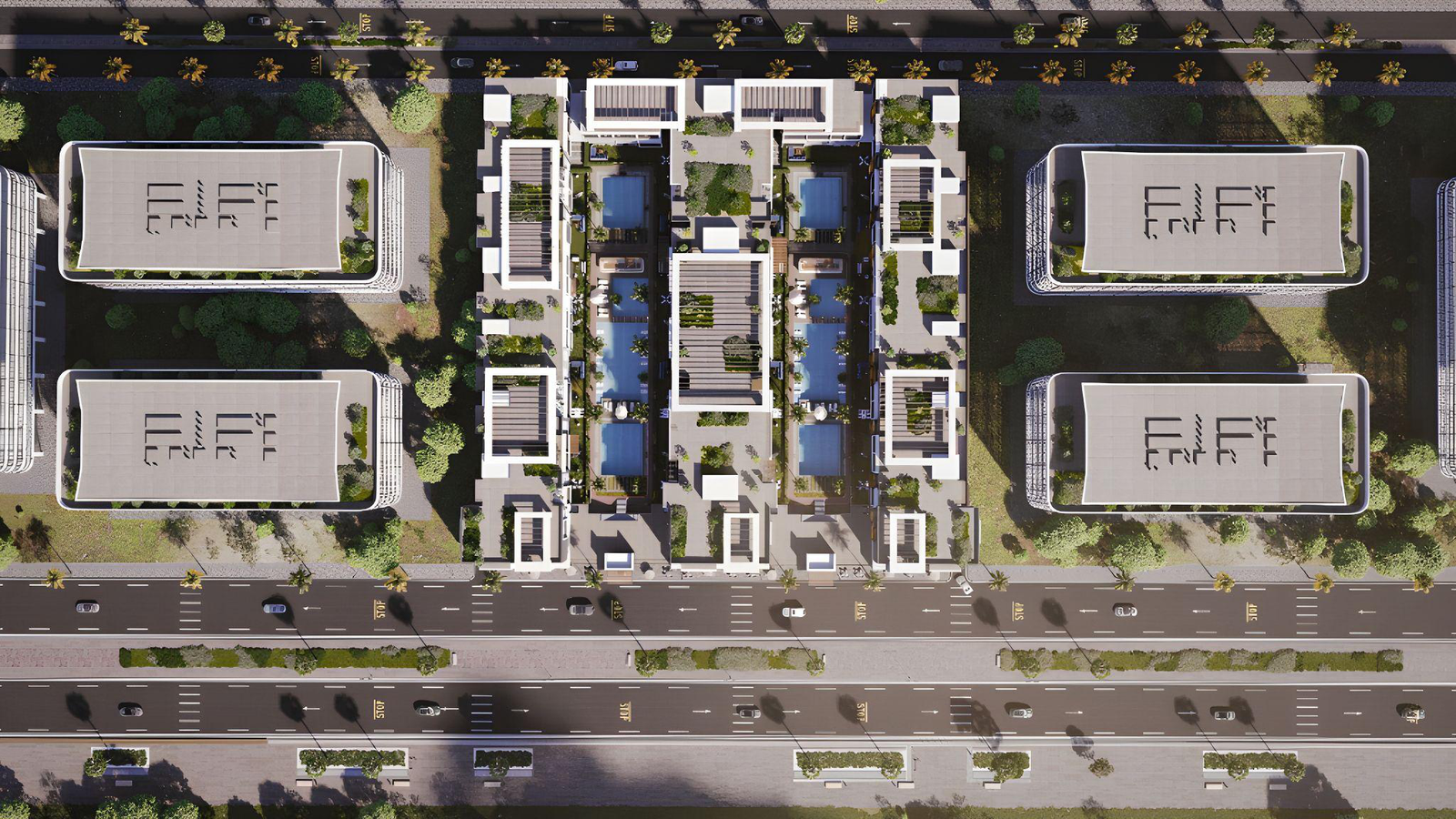 CLAN Residents aerial master plan — 380 residential units arranged around landscaped courtyards and multiple swimming pools, Magawish Hurghada.