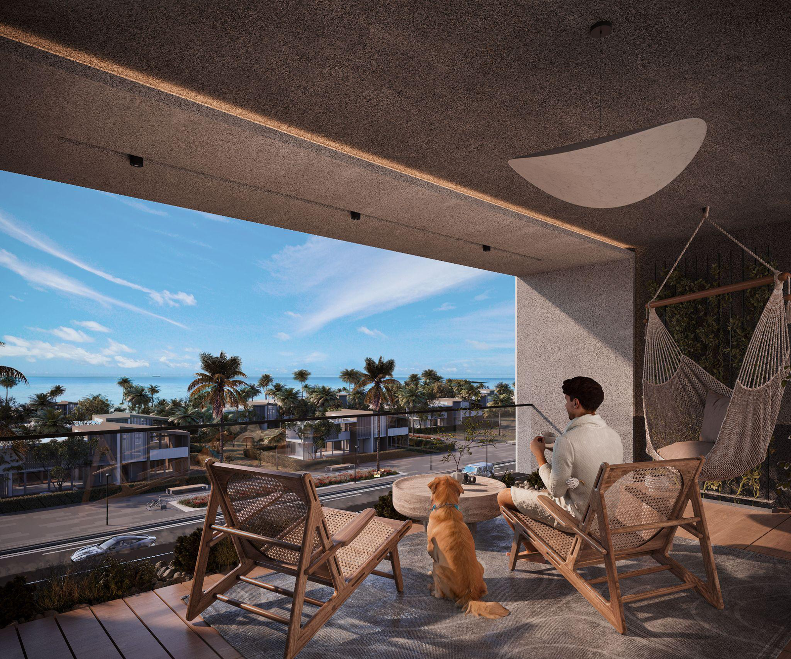 CLAN Residents interior balcony — furnished terrace with coastal sea view, woven lounge chairs, hammock chair, recessed lighting, glass balustrade overlooking palm trees and the Red Sea.