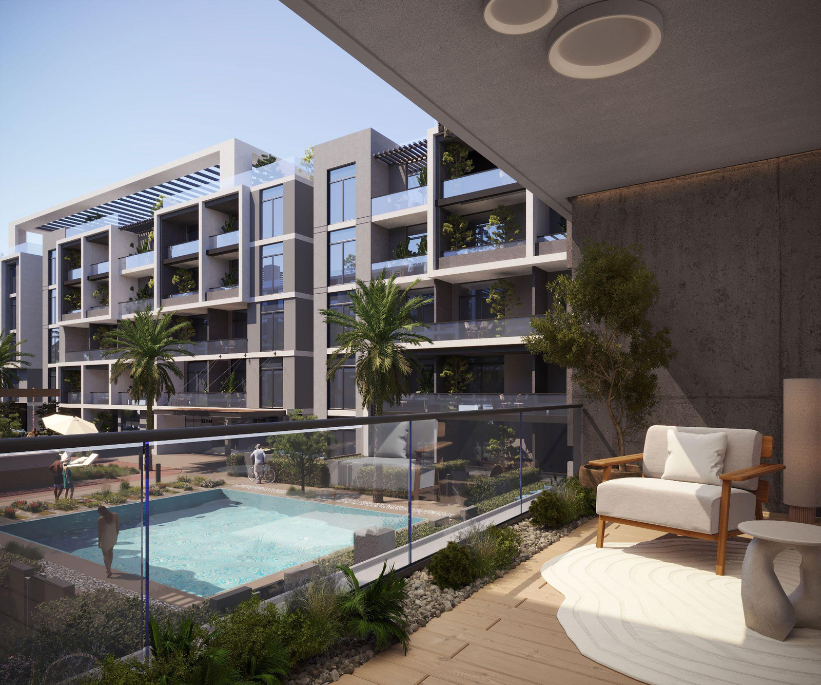 CLAN Residents pool courtyard — swimming pool with sun loungers, shaded pergolas, landscaped greenery, and central social area.