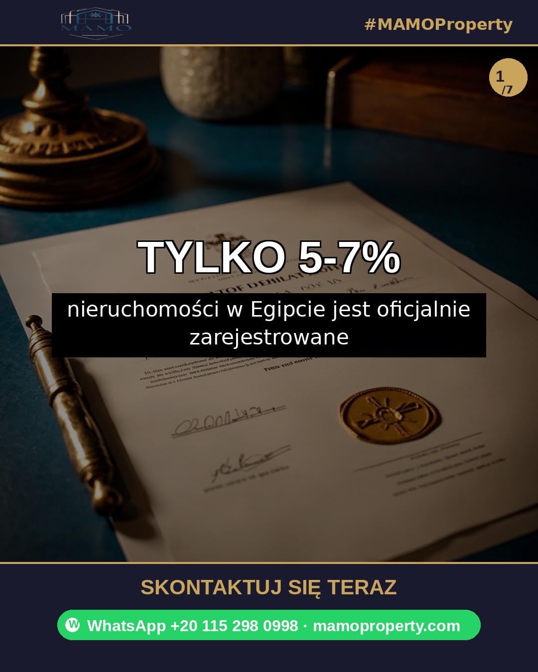 Slajd 1 — wskaźnik rejestracji nieruchomości w Egipcie 5-7% — aqarsschool 25 wrz. 2026