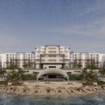 Marina Hills Sokhna — full sea-front facade with pool, shell pavilion and private beach