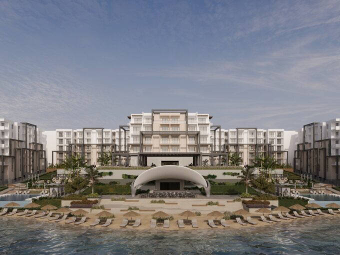 Marina Hills Sokhna — full sea-front facade with pool, shell pavilion and private beach