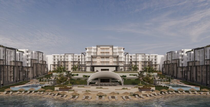 Marina Hills Sokhna — full sea-front facade with pool, shell pavilion and private beach