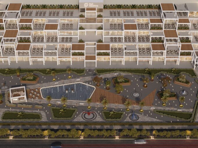 Mall Al-Sokhna — aerial view of the entire retail mall with pool and landscaping