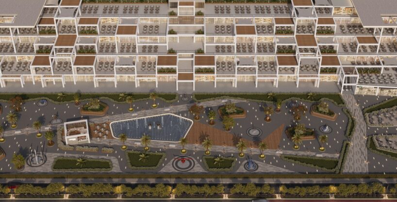 Mall Al-Sokhna — aerial view of the entire retail mall with pool and landscaping
