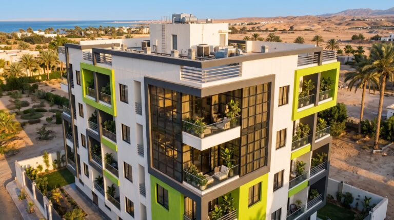 Kawser District residential building in Hurghada, Egypt - architectural visualisation, aerial view