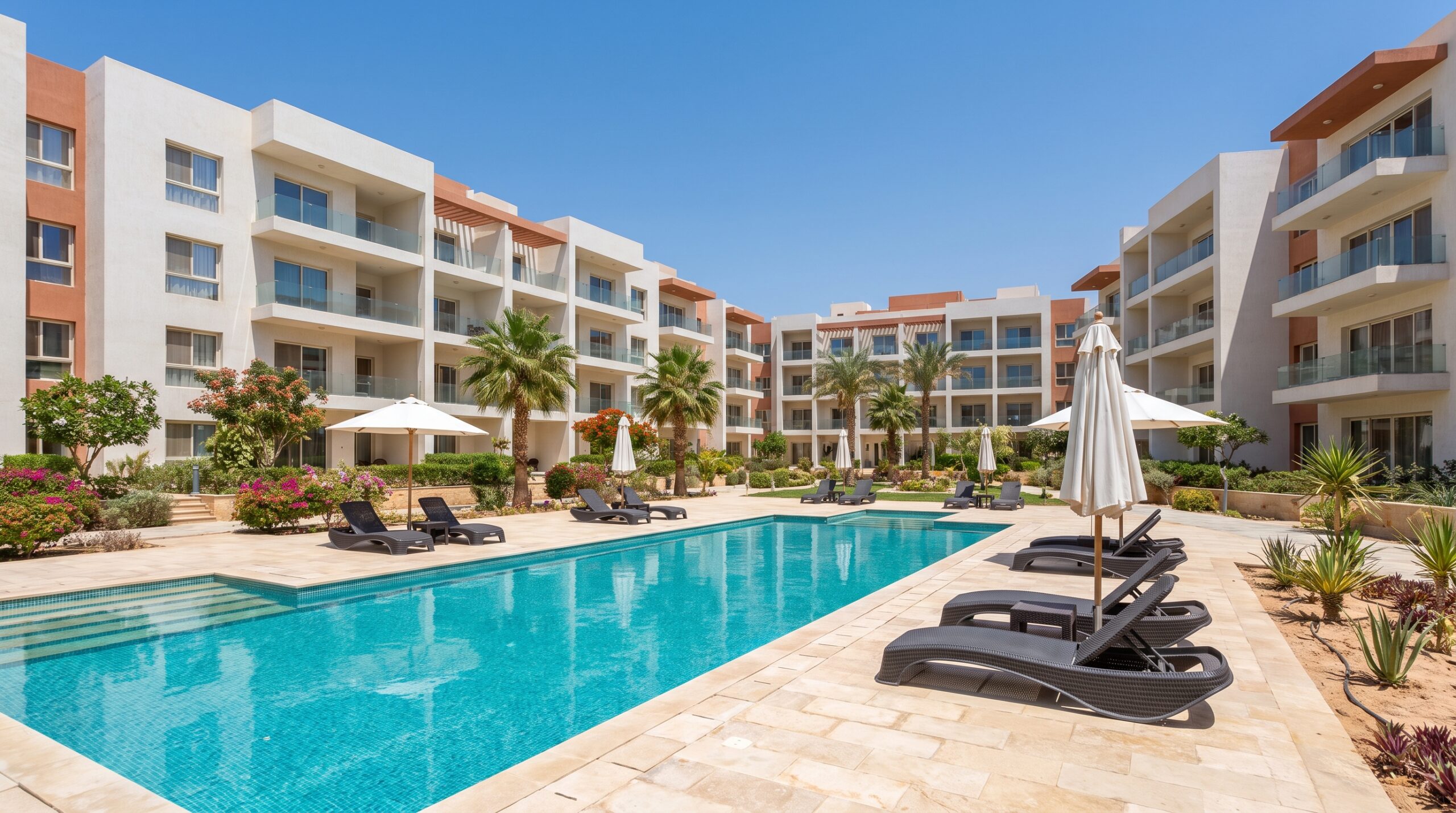 Sama Heights in Hurghada, Egypt - architectural visualisation, pool and courtyard
