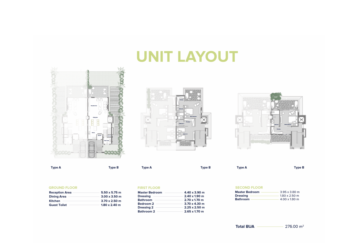 Floor plan of Lavaya TL-16B twin villa showing 3 floors, 3 bedrooms, 276 sqm built-up area and 139 sqm garden