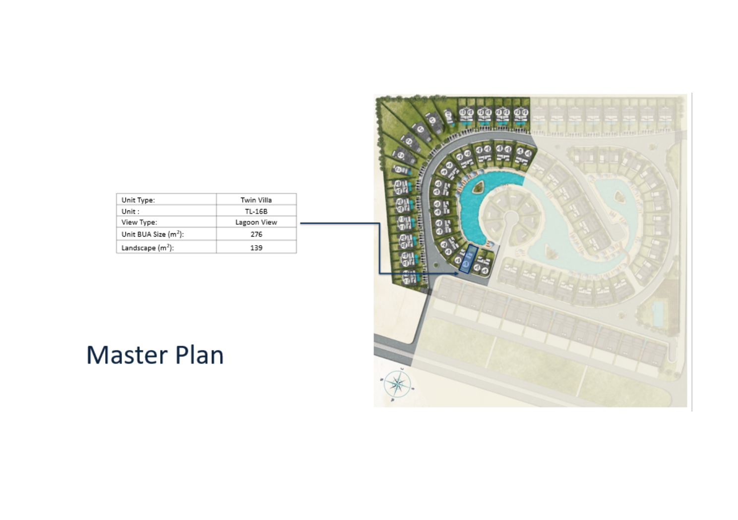 Lavaya master plan showing TL-16B twin villa highlighted in blue on the inner curve of the central lagoon in Hurghada